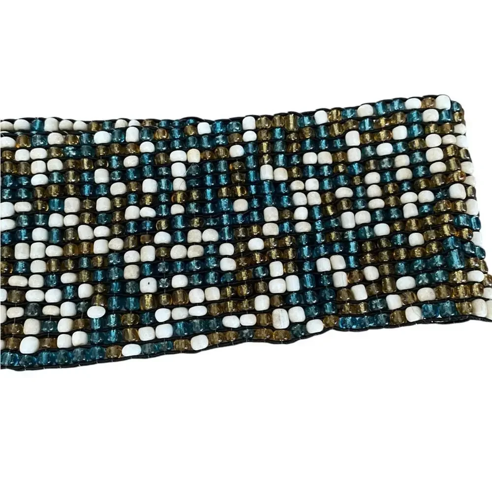 Vintage Beaded Stretchy Wide Waist Belt Wood Buckle Green Cream Gold